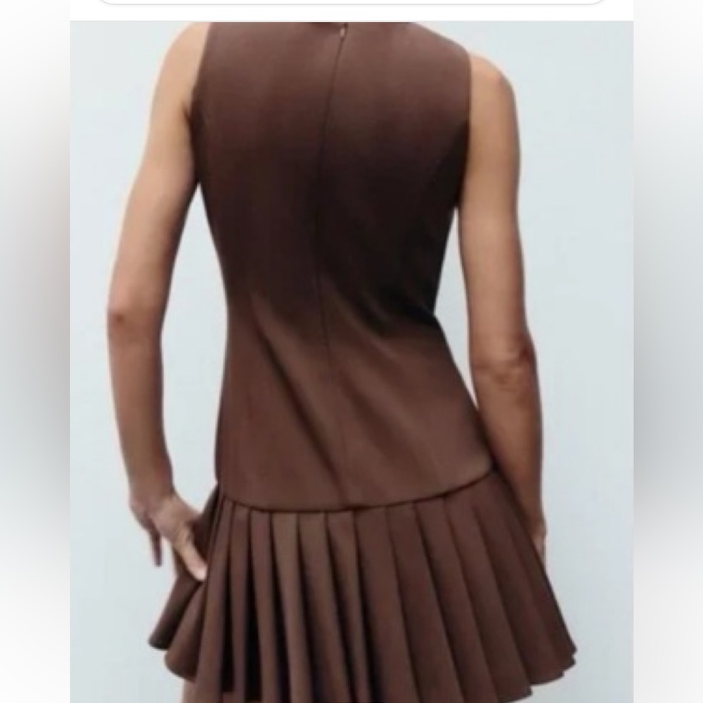 Zara Chocolate Brown Box Pleated Sleeveless Mini Dress - Picture 3 of 12